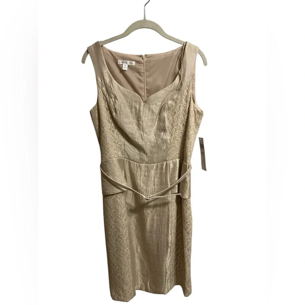 London Times Sleeveless Belted Peplum Dress Champagne Womens size‎ 10